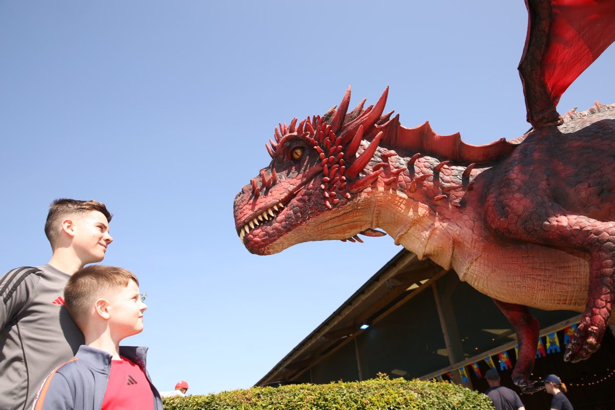 A large red dragon leads forward towards two boys.