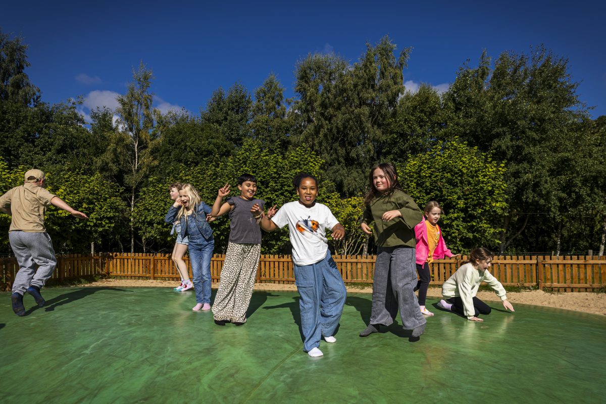A group of eight children are on a large green trampoline, there are trees in the background.